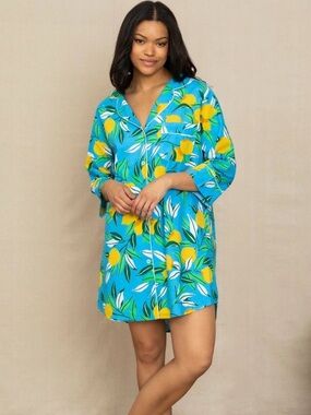 Printfresh Lemon Zest Sleep Shirt size Large Cotton 3/4 Sleeve Button Pockets